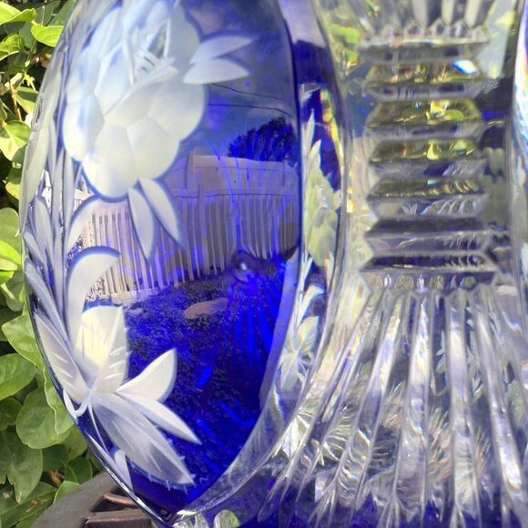 Bohemian Crystal Cobalt Blue Cut to Clear Large Rose Bowl 7” - Picture 8 of 11